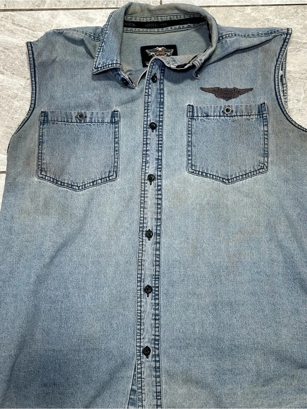 Harley-Davidson Men’s XL Distressed Faded Denim Vest Shirt Sleeveless
